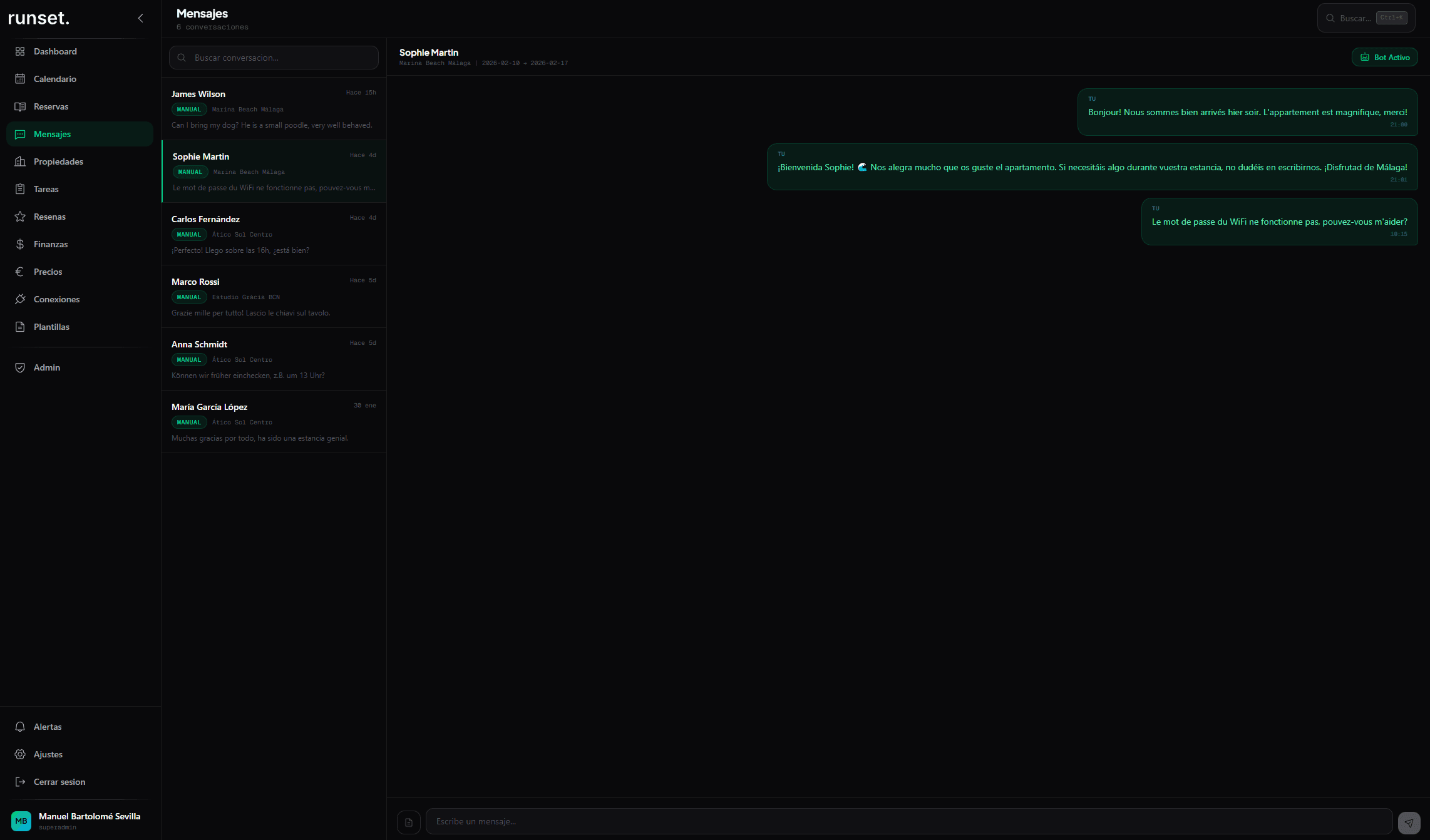 Panel de Runset — conversación con huésped